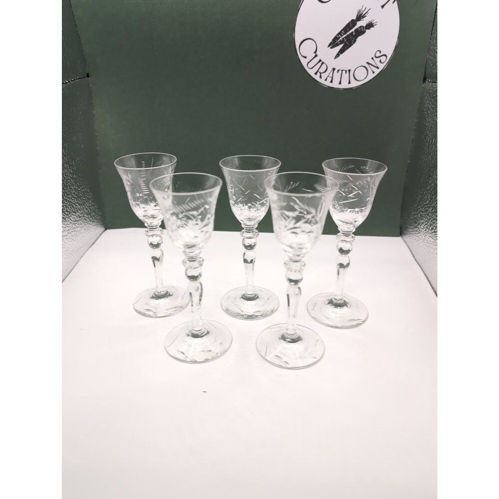Set of 5 Vintage Etched Crystal Cordial Glasses